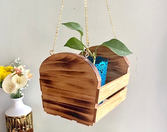 Wood Hanging Planter Basket | Mini Crate Plant Box | Burned Wood Hanging Planter | Flower Pot Holder | Wooden Planter Box