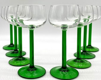 Emerald Green Stem Luminarc Wine Glasses | Vintage Stemmed Wine Glass Set of 8 | French Green Stem Dessert Glasses | France MCM Stemware
