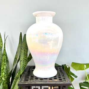 HUGE 14&quot; Pearlescent Flower Vase | Opalescent White Decorative Vase | Hand Blown Art Glass Iridescent Vase | American Made Tall Flower Vase