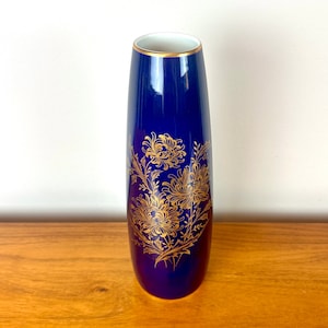 Royal Porzellan Cobalt Blue Vase with Gold Gilt Flowers | Vintage 1980s KPM Bavaria Germany | 12&quot; Gold Rim Cylinder Vase with Floral Design
