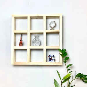 Large Floating Square Shelf | 9 Cube Square Wall Shelf | Light Wood Wall Shelf | Modern Curio Display Shelf | 16&quot; Poplar Wood Decor Shelf