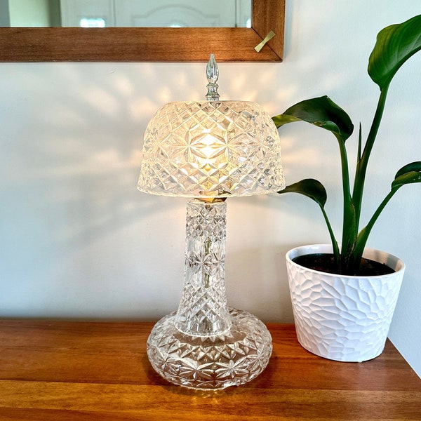 Stunning Crystal Glass Shade Table Lamp | 17" Vintage Boudoir Lamp | Large Cut Crystal Lamp | Ornate Glass Lamp Base with Glass Lampshade