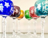 Color Cut to Clear Crystal Wine Hock Set 6 VintageBohemian Crystal Stemware Colorful Wine Goblets Color Overlay Wine Glasses Hungary