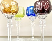 Bohemian Crystal Wine Hock Set of 4 Vintage Color Cut to Clear Crystal Wine Glasses Colorful Mid Century European Wine Stemware