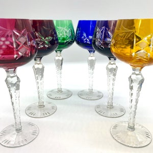 West Germany Cut to Clear Crystal Wine Glass Set 6 | Vintage Crystal Wine Hocks | Colorful Crystal Wine Goblets | German Crystal Glassware