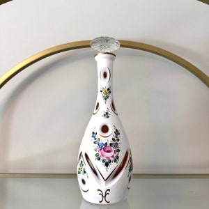 White Cut to Amber Crystal Wine Decanter | Vintage Bohemian Crystal Decanter | White Overlay Cut Crystal Wine Decanter with Stopper | Czech