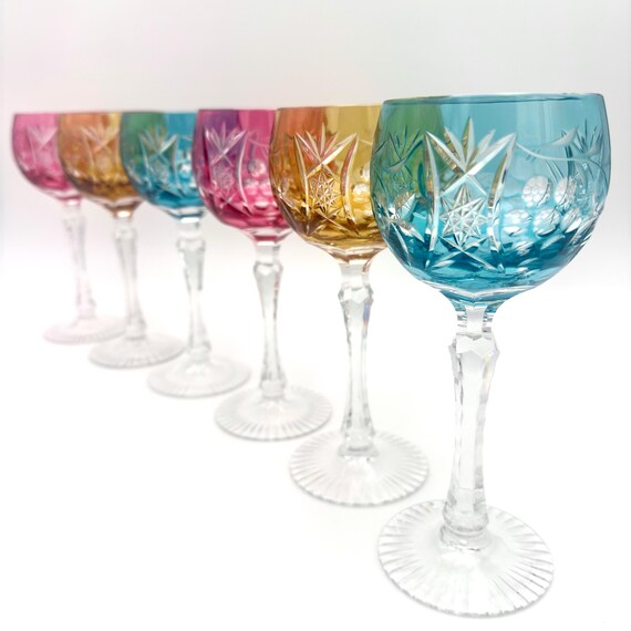 Bohemian Crystal Wine Glasses | Color Cut to Clear Crystal Wine Glass Set  of 6 | Vintage Color Overlay Cut Crystal Czech Wine Goblets