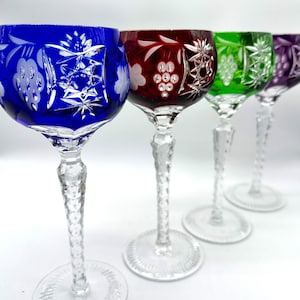 Bohemian Cut Crystal Wine Hocks with Original Box | Color Cut to Clear Crystal Wine Glass Set | Color Overlay Cut Crystal Goblets | Hungary