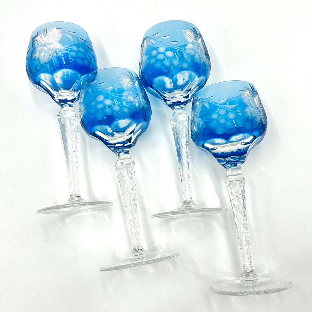 Azure Blue Bohemian Crystal Wine Glasses Blue Cut to Clear Crystal Cordial Glass Set of 4