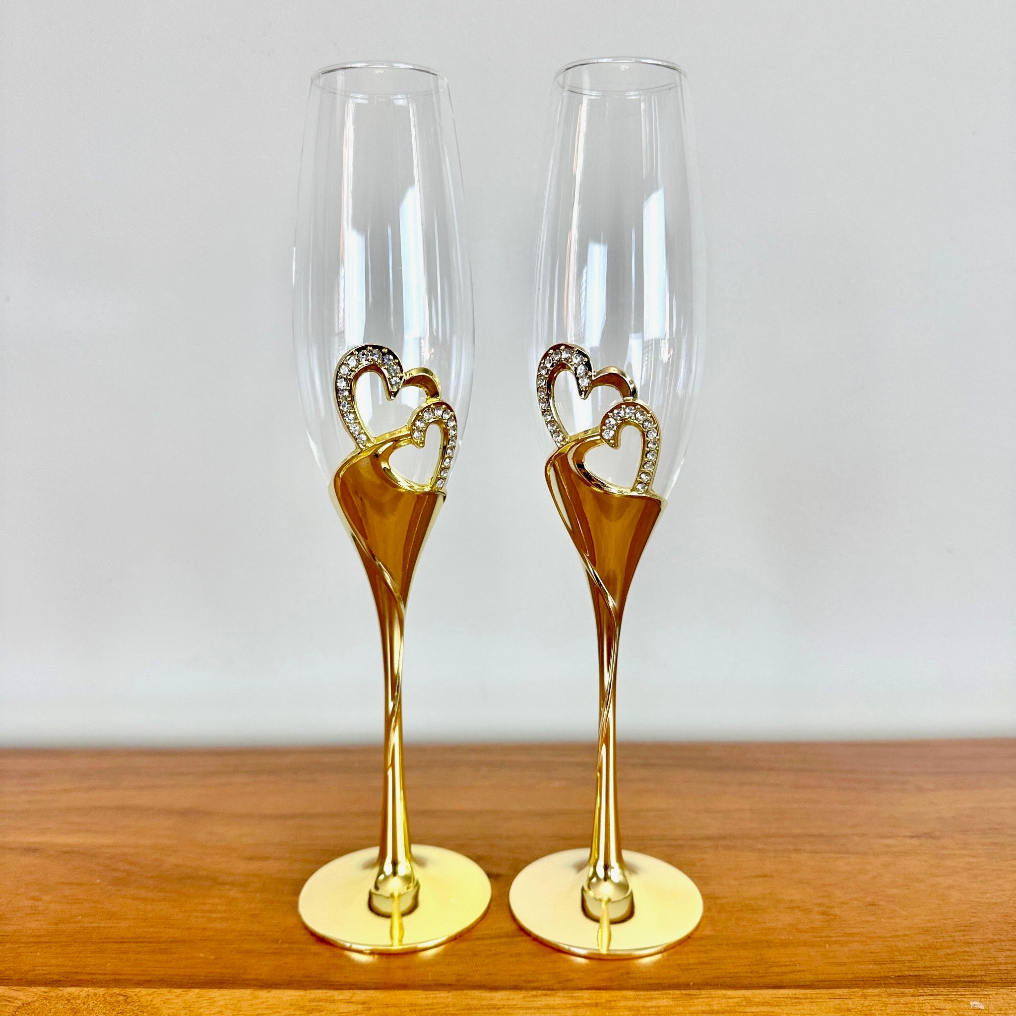 Crystal and Gold Color Champagne Toasting Flute Set | Wedding Love Champagne Flutes | 10.5" Fluted Glasses | Heart Studded Champagne Glasses