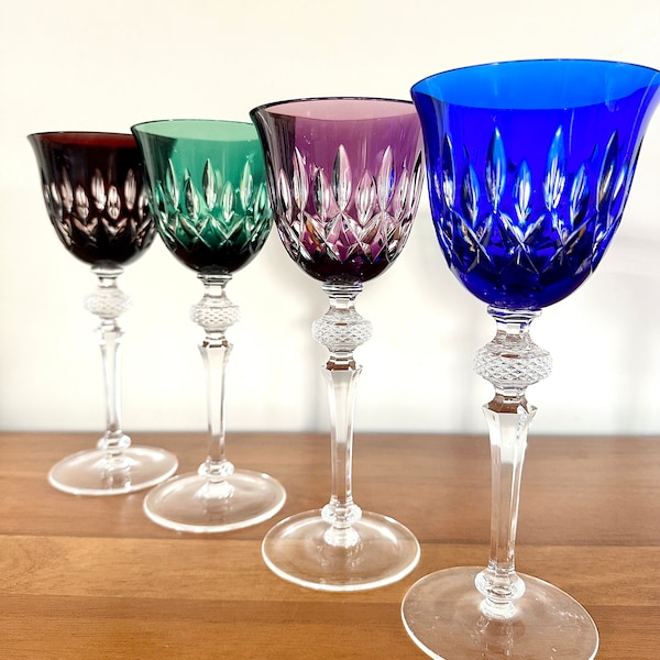 Rare Color Cut to Clear Crystal Bell Shape Wine Hocks | Vintage Bohemian Crystal Stemware | Color Cut to Clear Tulip Wine Glass Set of 4