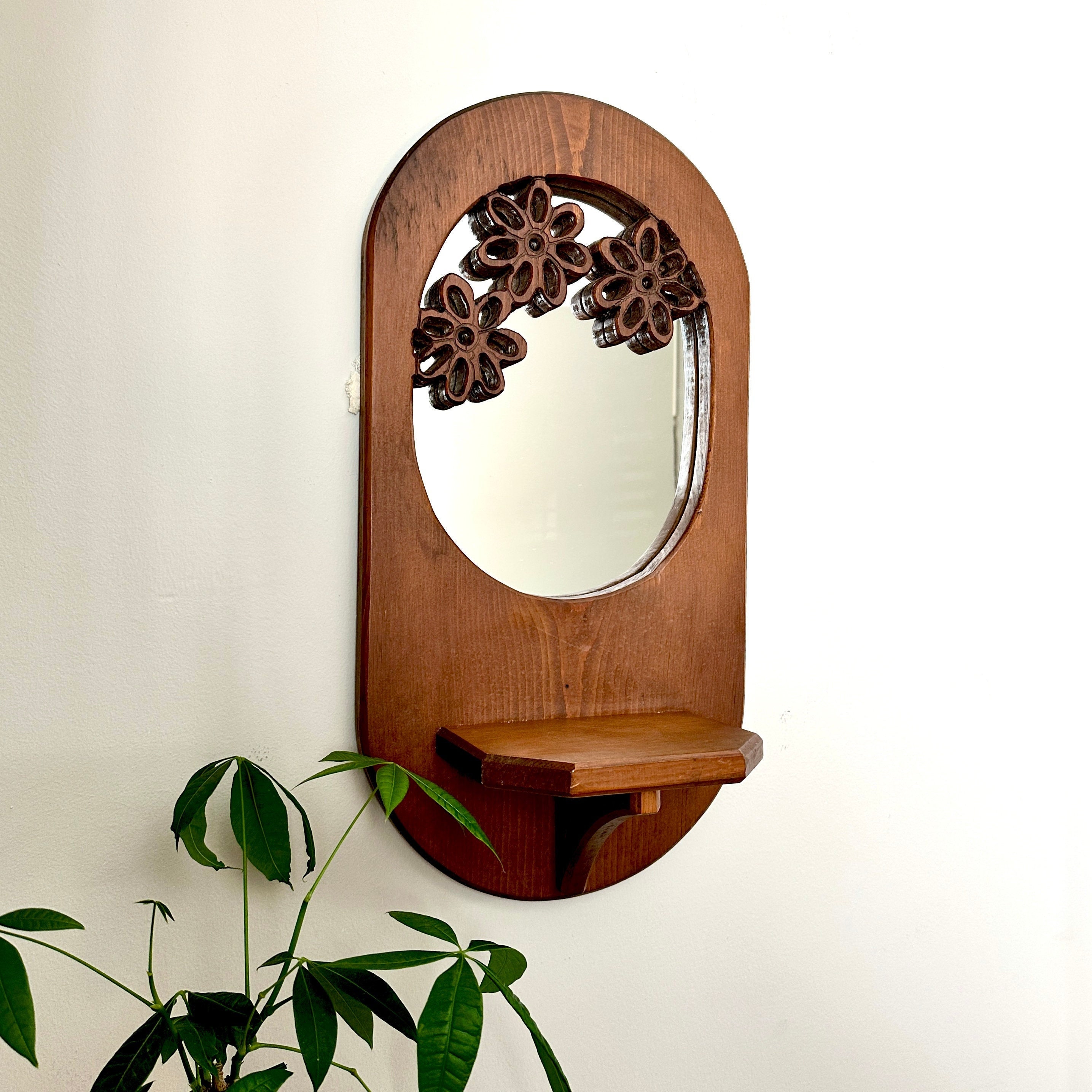 Hanning Bow Wall Mirror Arched Shape Oblong Wooden Floral and Bow Fram