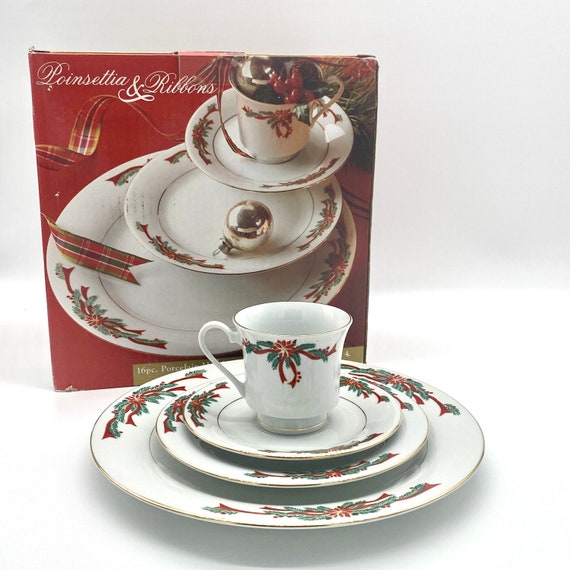 Porcelain Christmas Dinnerware Set for 4 Holiday Plates Etsy