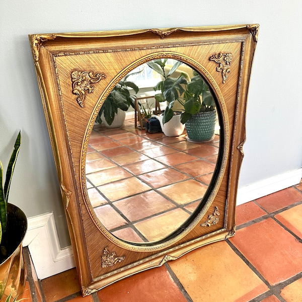 STUNNING 1970S Gold Gilt Wall Mirror | Hollywood Regency Wood Rectangle Oval Mirror | 34" x 28" Ornate Gold Glam Empire Style Framed Mirror