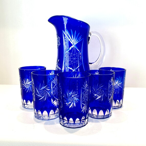 Cobalt Blue Cut Crystal Pitcher Set Blue Cut to Clear Etsy
