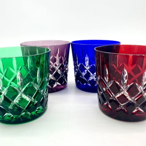 Rare AJKA Double Old Fashioned Glass Set | Color Cut to Clear Crystal Rocks Glasses | Colorful Crystal Whiskey Barware | Arabella Hungary
