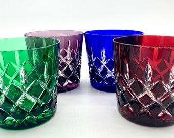 Juego de vasos de cristal AJKA Old Fashioned, raro, cortado en color y transparente, vasos de whisky de cristal de colores, Arabella Hungría