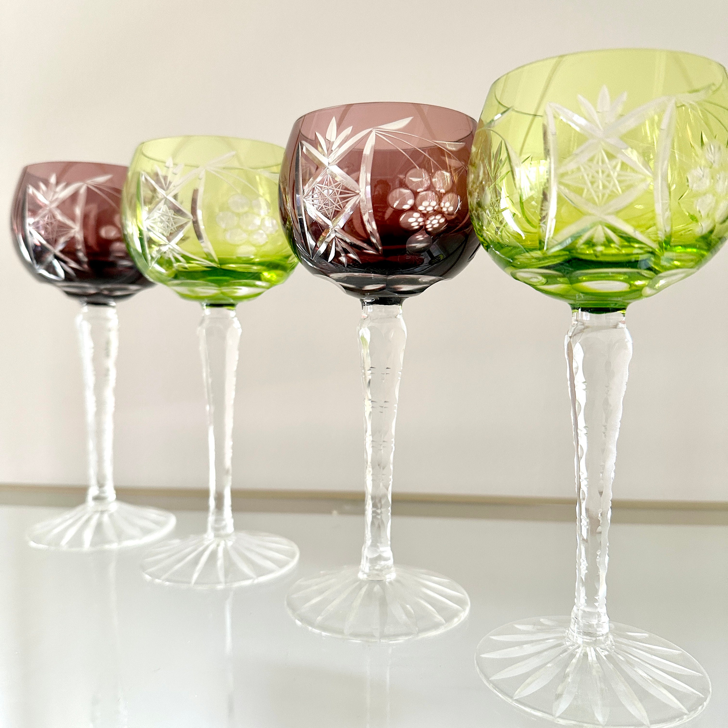 Bohemian crystal tall Wine Glass, green to clear cut (item #1222429)