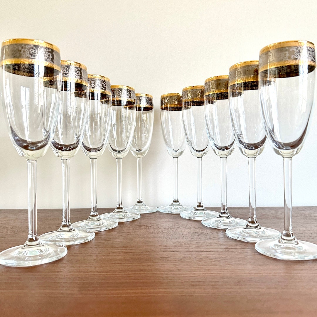 Vintage Baroque Champagne Flutes 24K Gold and Platinum Rim Crystal