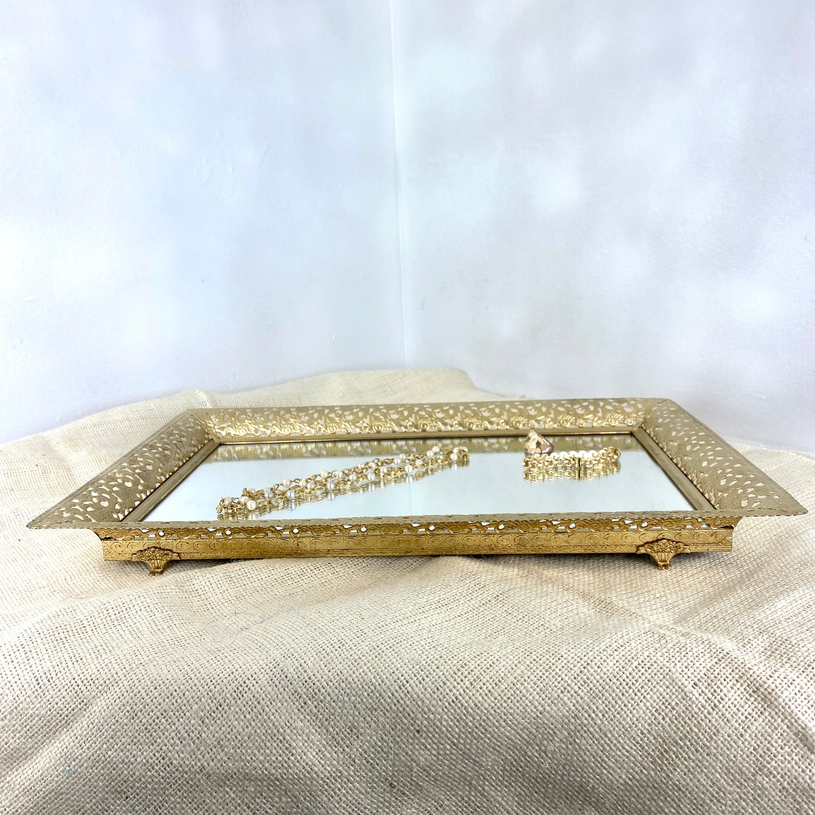 Vintage Gold Filigree Vanity Tray Mirror Large Gold Vanity Etsy