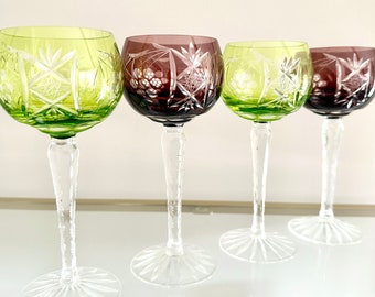 Set of 2 or 4 Bohemian Crystal Wine Hocks | Vintage Color Cut to Clear Crystal Glasses | Amethyst Purple Chartreuse Green Crystal Stemware