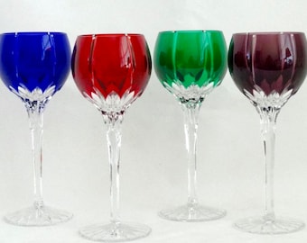 AJKA Castille Albinka Crystal Wine Glasses | Color Cut Overlay Wine Hocks | Wine Goblets Hungary | Balloon Cut Crystal Wine Glass Set