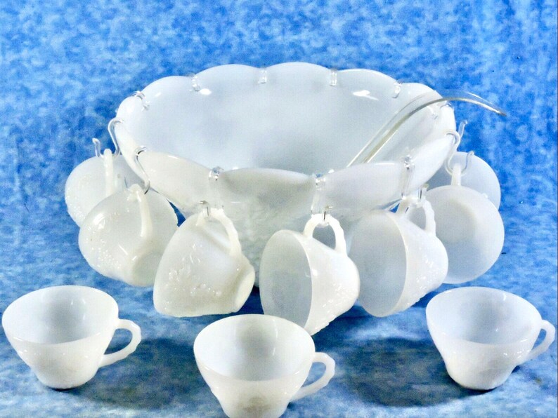 Vintage Milk Glass Punch Bowl Set Anchor Hocking Grape Vine Etsy