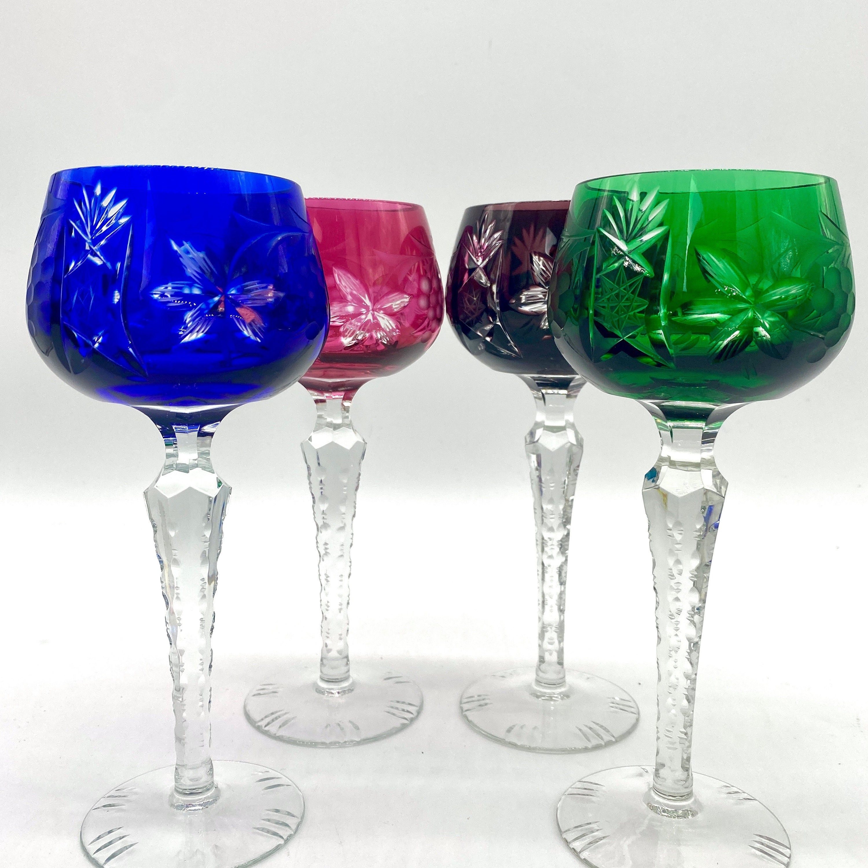 Colored Crystal Wine Goblets, Set of 4 Bohemian Colored Crystal Wine Hocks,  Emerald Ruby Amethyst Cobalt Colored Wine Stems, Wedding Bridal