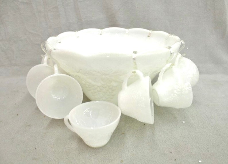 Vintage Milk Glass Punch Bowl Set Anchor Hocking Grape Vine Etsy