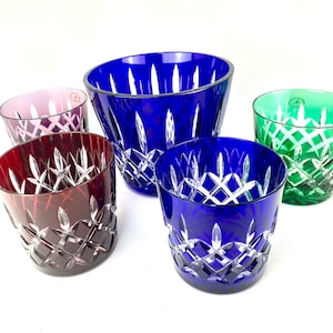 RARE Cut to Clear Crystal Rocks Glasses with Ice Bucket  | Crystal Whiskey Glass Set  | Hungarian Color Crystal | Lead Crystal AJKA Arabella