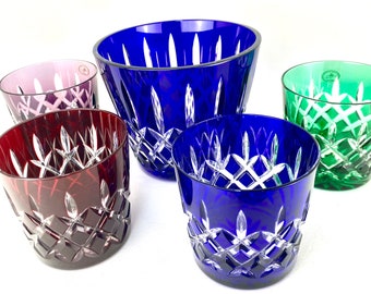 RARE Cut to Clear Crystal Rocks Glasses with Ice Bucket  | Crystal Whiskey Glass Set  | Hungarian Color Crystal | Lead Crystal AJKA Arabella