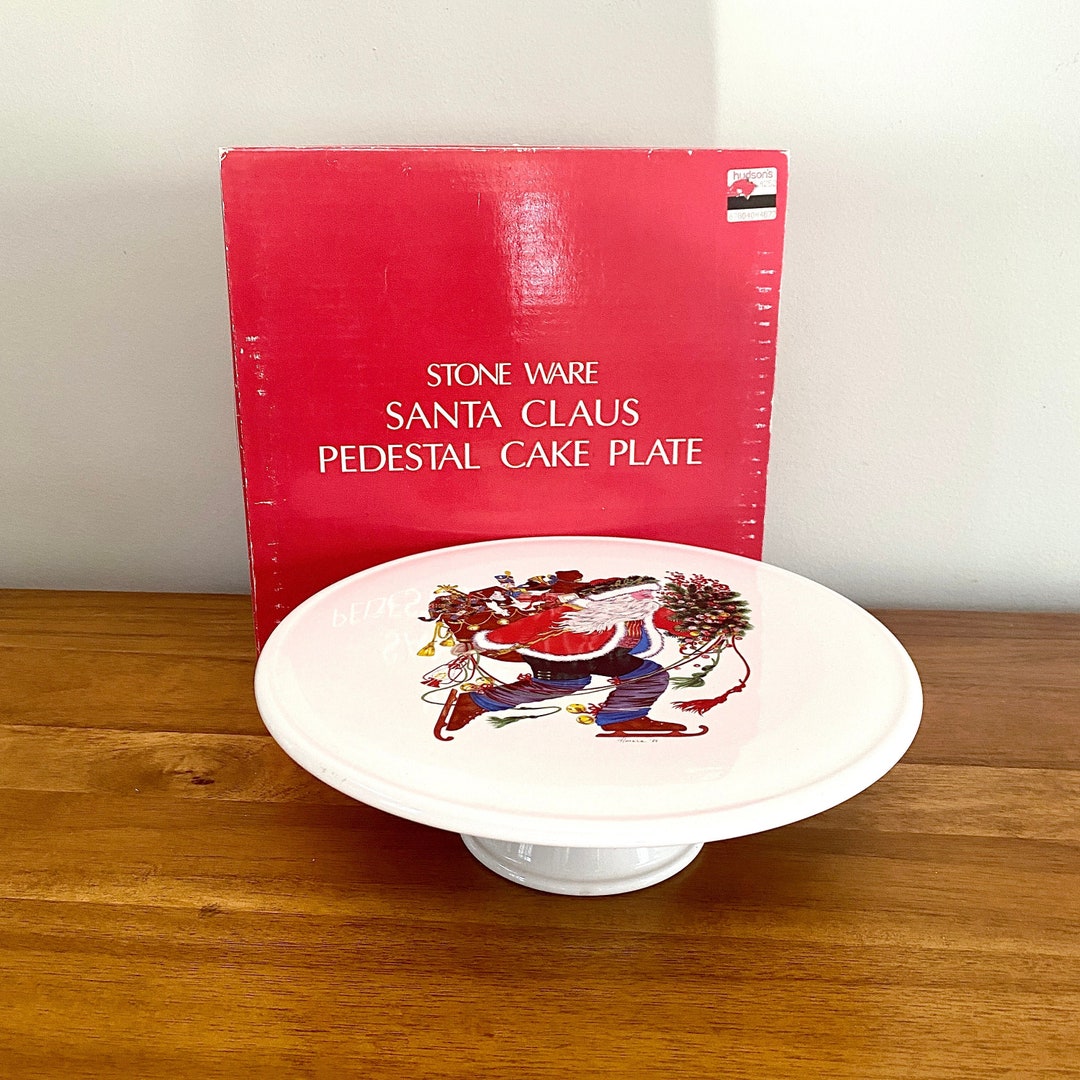 Vintage Stoneware Santa Cake Stand Christmas Pedestal Cake Plate Footed Holiday Cake Plate Santa