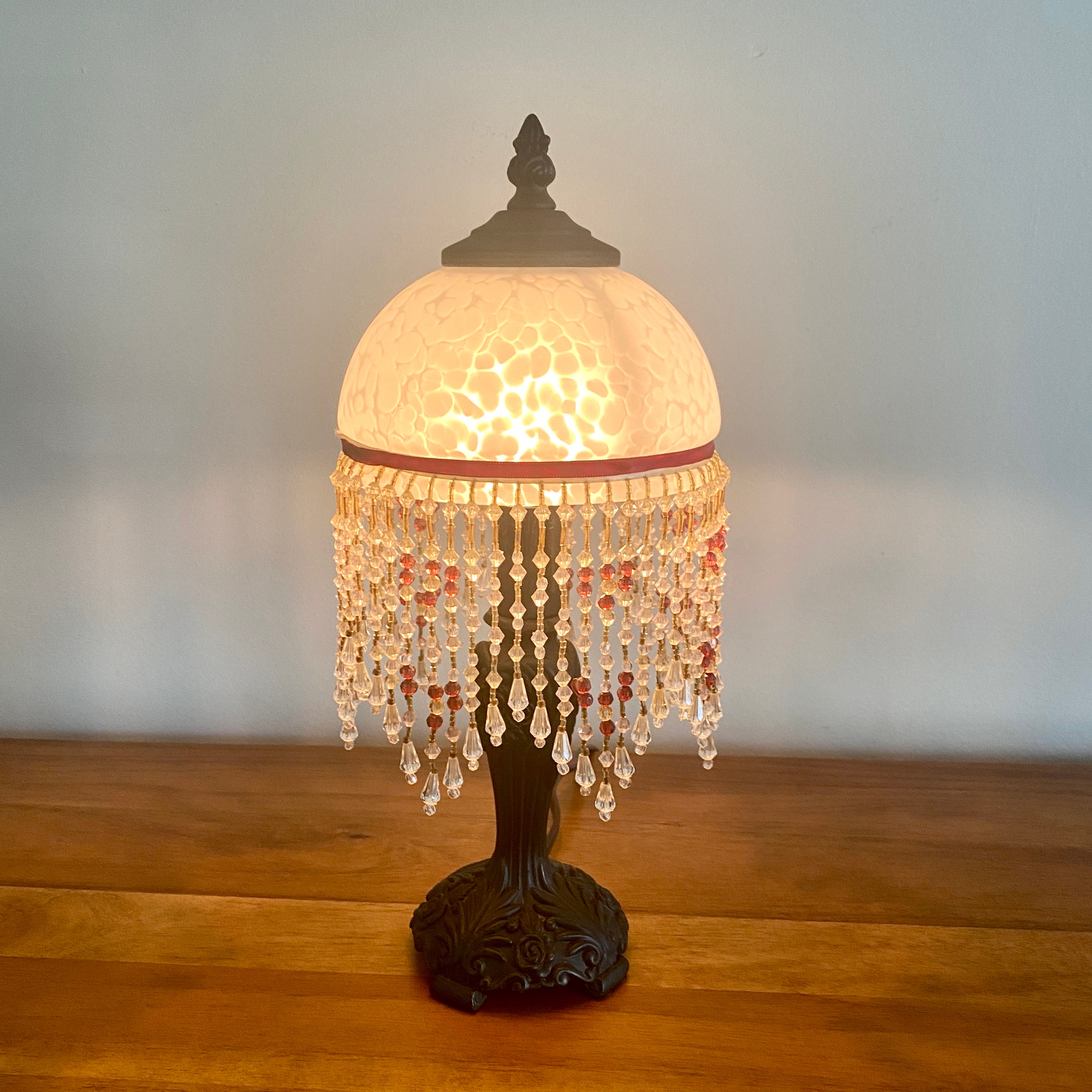 Stunning Vintage Fringe Beaded Table Lamp White Confetti Glass