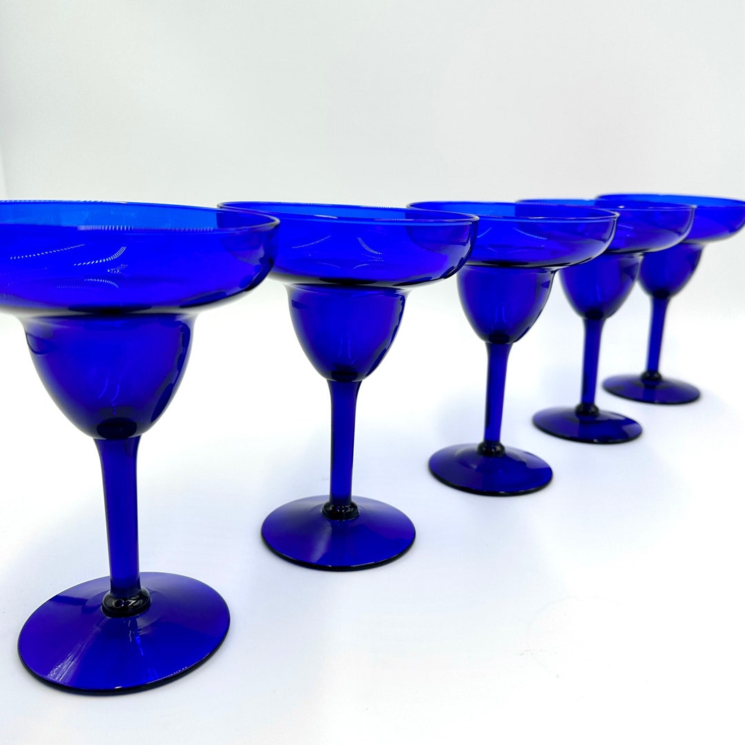 Stunning Cobalt Blue Margarita Glasses Vintage Hand Blown Glass