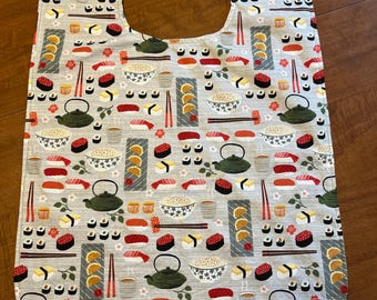 Adult Bib Sushi, reversible senior bib, gift for grandma, grandpa gift for messy eater, art smock for seniors apron,  Japanese style bib