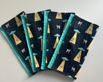 Cow Abduction Cloth Napkins, host hostess gift, foodie gift, fancy cocktail party, nerdy gift, ufo, aliens, eco friendly machine washable