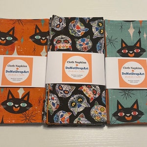 Servilletas de tela con cabezas de gato, regalo para amantes de los gatos, servilletas para cócteles, regalo para amantes de la comida, caras de gatito, regalo para anfitriona, calaveras de azúcar, regalo para amantes de los gatos