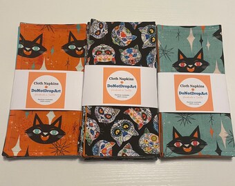Cat Heads Cloth Napkins, cat lover gift, cocktail party napkins, foodie gift, kitten faces, host hostess gift, sugar skulls, cat lady gift