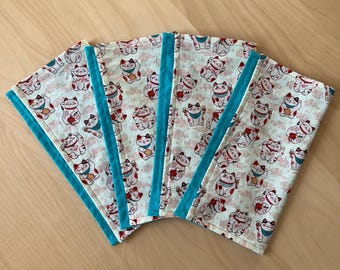 Lucky Cats Cloth Napkins, Lunar New Year, host hostess gift, cottage core, housewarming gift, cat lover gift, cat lady gift, cherry blossoms
