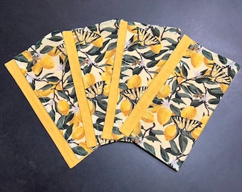 Yellow butterflies, bees and lemon branches cloth napkins, foodie gift, cocktail party napkins, nature lover gift,floral design,eco friendly