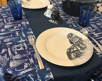 Star Wars Spaceship Table Cloth, 48 inch square fits round and card tables, AT-AT, X Wing, Millennium Falcon, Star Destroyer, nerd geek gift