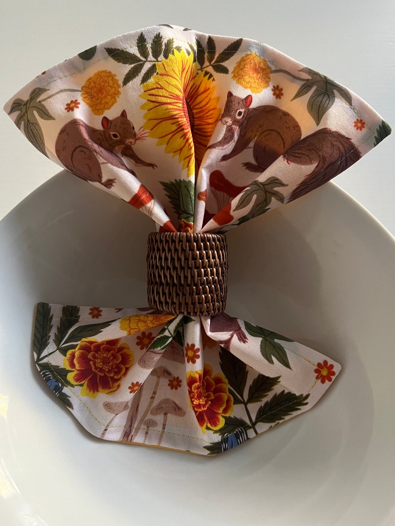 Squirrels Cloth Napkins, Flowers Mushrooms Acorns, Host Hostess Gift