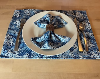 The Great Wave placemat and cloth napkin set, Japanese home decor, eco friendly reusable washable table linen, waves woodcut print fabric