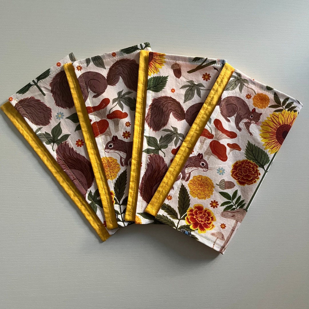 Squirrels Cloth Napkins, Flowers Mushrooms Acorns, Host Hostess Gift