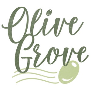 May include: Olive Grove text in green with a stylised green olive illustration.