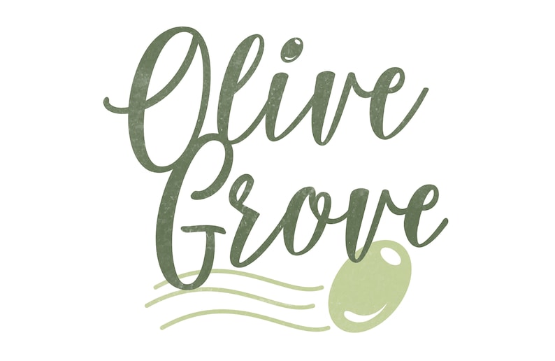 May include: Olive Grove text in green with a stylised green olive illustration.