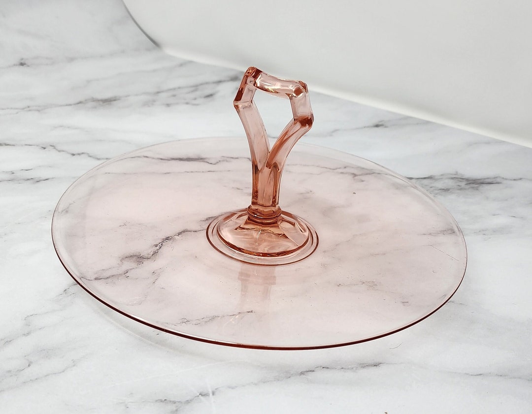 Pink Glass Serving Tray With Handle Collectible Vintage Antique