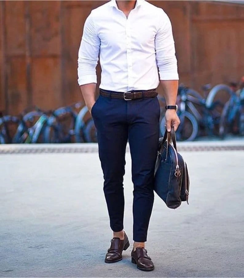 collar Por cierto compromiso Camisa blanca para hombres con pantalón azul Ropa de oficina - Etsy México