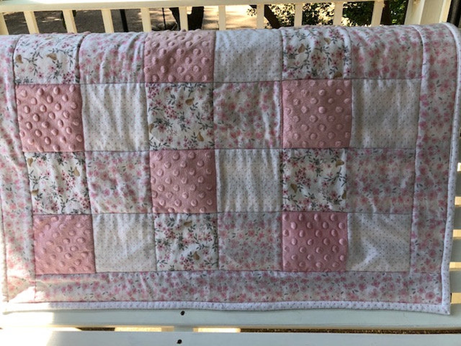 Handmade pink baby quilt with personalization option. Etsy
