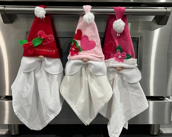 Handmade Hanging Valentine's Day Gnome Kitchen Towel with removable towel for washing